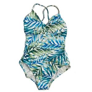 Time and Tru Women’s One Piece Tropical Blue and Green Swimsuit